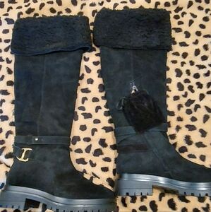 Lauren Ralph Lauren Black Leather,shearling top, Heeled Boots